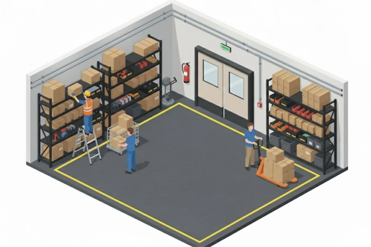 Isometric illustration of warehouse storage area with workers and double swinging doors for loading zone access
