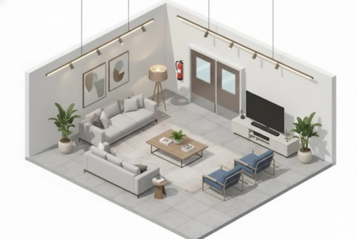 Isometric lounge interior featuring modern swinging doors with glass panels, stylish furniture, and soft lighting for a relaxed atmosphere