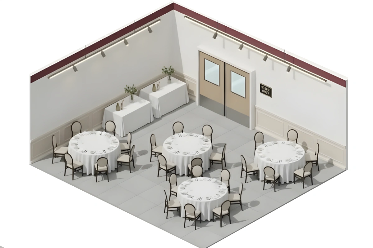 Isometric view of a banquet hall setup with round tables and chairs, showing a Banquet Hall Swinging Door at the back of the room Isometric view of a banquet hall setup with round tables and chairs, showing a Banquet Hall Swinging Door at the back of the room