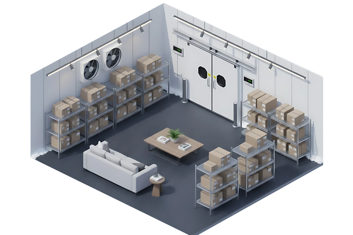 Isometric view of a cold storage room featuring an insulated sliding freezer door with diamond plate protection and a metal shelving rack holding boxes