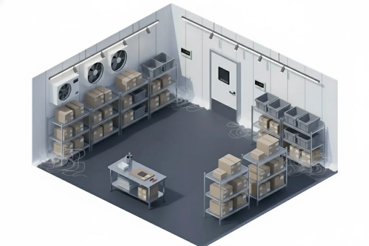 Isometric view of a cold storage room with a PC-Series swinging freezer door, shelving units, and packaged inventory