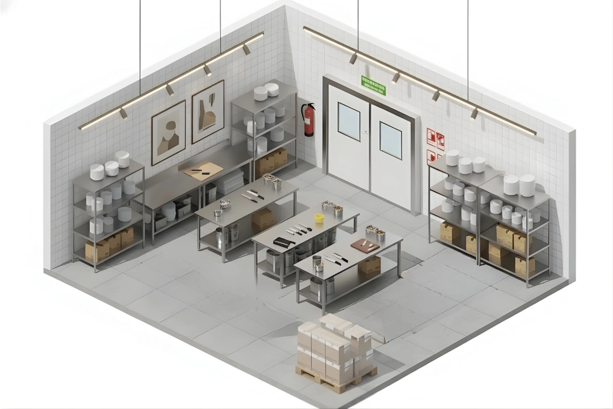 Isometric view of a commercial food prep room featuring stainless steel tables, organized shelving, and white PVC swinging doors for kitchen sanitation and efficiency
