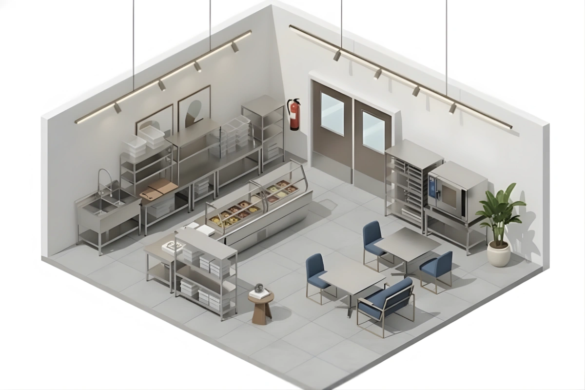 Isometric view of a commercial kitchen layout featuring stainless steel kitchen doors, prep tables, storage racks, and food display counter