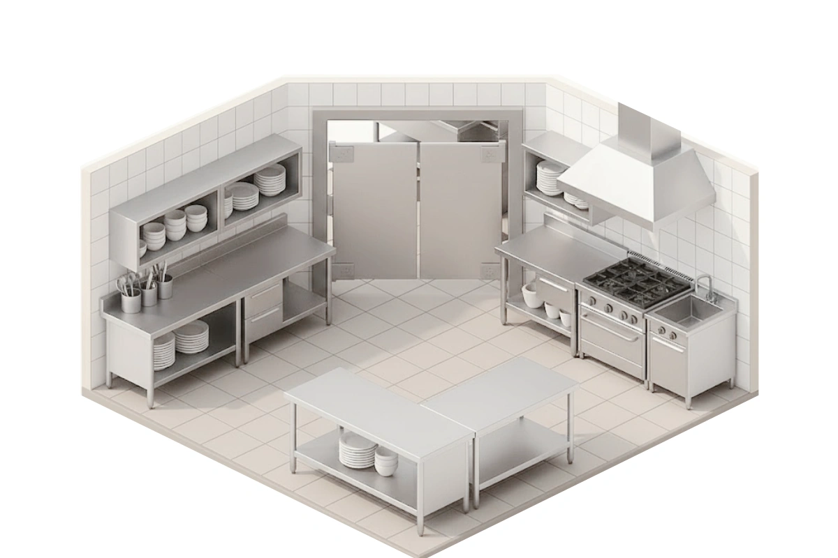 Isometric view of a commercial kitchen with stainless steel double-action restaurant swinging door, prep tables, and cooking station Isometric view of a commercial kitchen with stainless steel double-action restaurant swinging door, prep tables, and cooking stations