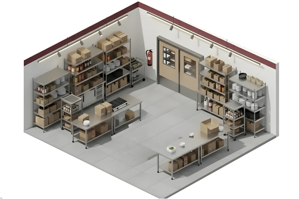 Isometric view of a commercial stockroom with Clear Impact Swinging Door, showing organized shelving, work tables, and hands-free access for staff