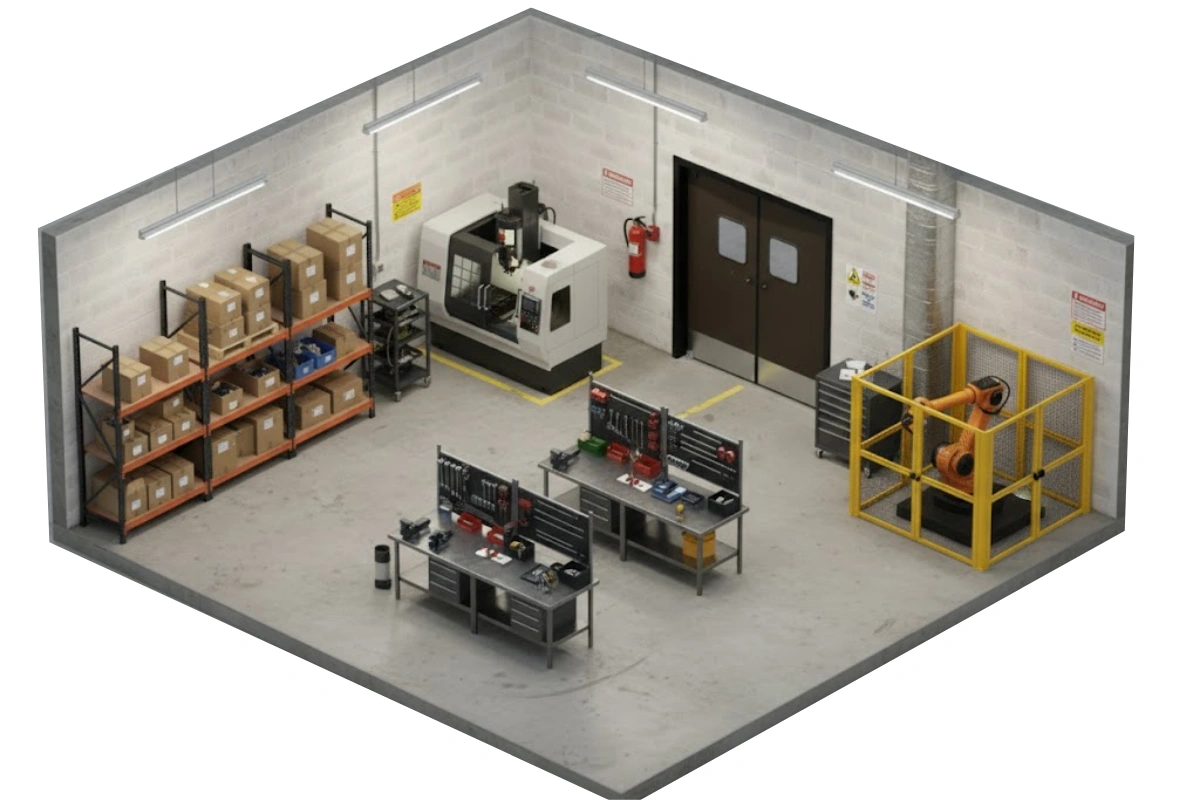 Isometric view of a factory workspace featuring PE-Series double swinging doors, workbenches, storage racks, and industrial equipment