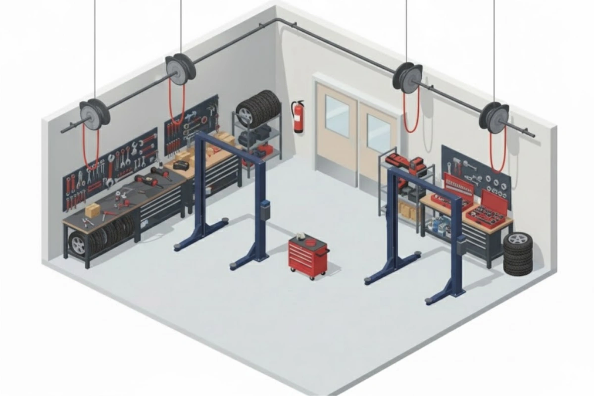 Isometric view of a mechanic shop interior featuring PE Series swinging doors, vehicle lifts, tool benches, tire racks, and hanging hose reels, illustrating an organized Isometric view of a mechanic shop interior featuring PE Series swinging doors, vehicle lifts, tool benches, tire racks, and hanging hose reels, illustrating an organized