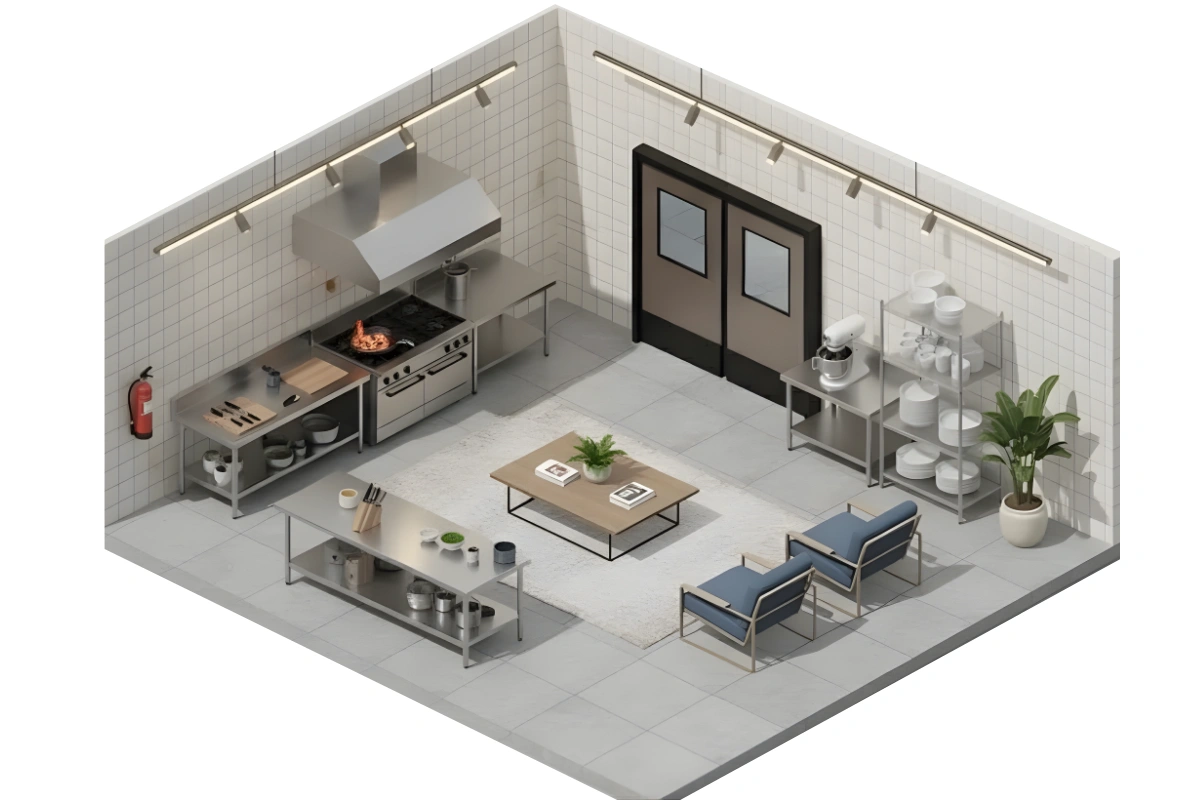Isometric view of a modern commercial kitchen with double swinging doors, stainless steel counters, shelving, and seating area for café or prep space