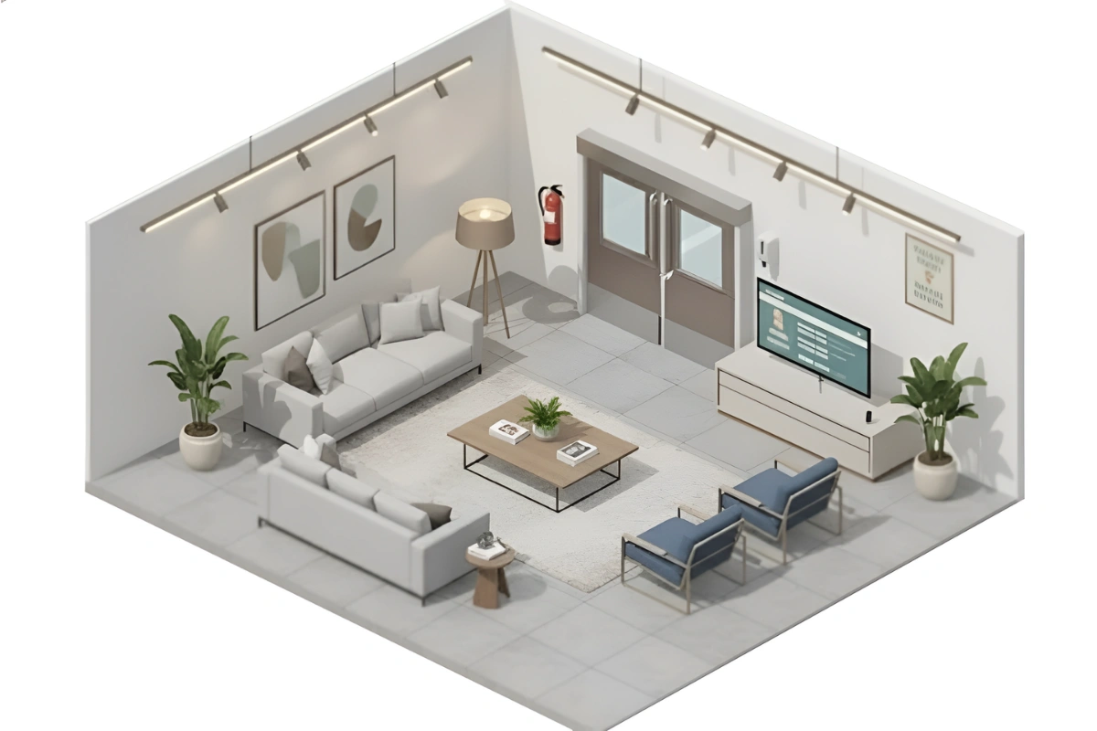 Isometric view of a modern living room with double swinging doors, neutral furniture, wall art, and indoor plants