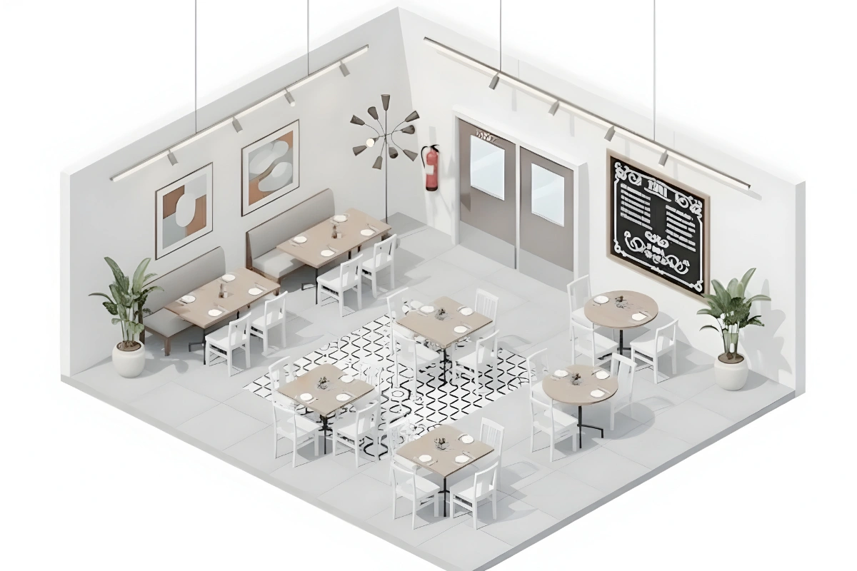 Isometric view of a modern restaurant interior with aluminum swinging doors, dining tables, wall art, and menu board