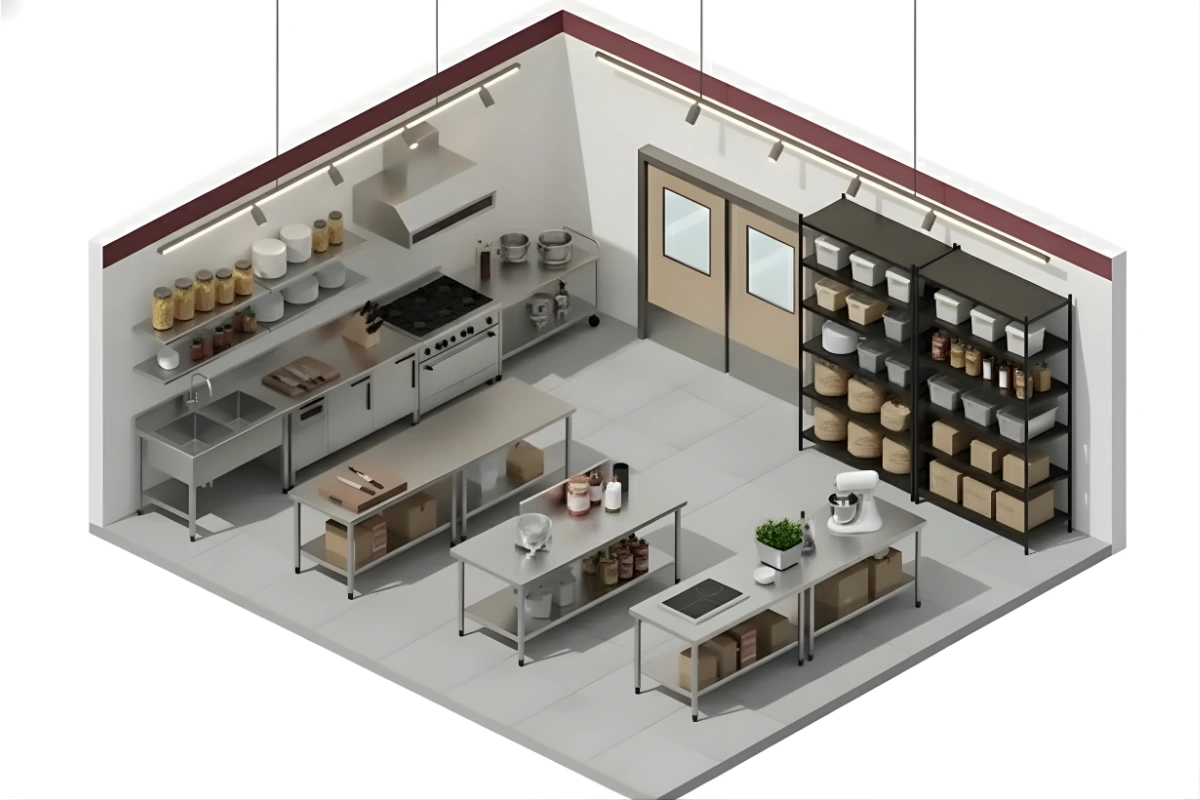 Isometric view of a professional restaurant kitchen with stainless steel worktables, shelving, appliances, and double swinging kitchen doors for smooth staff movement and workflow