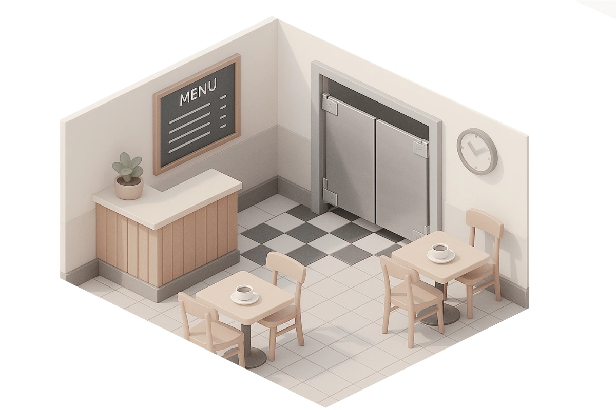 Isometric view of a small café interior with two tables, chairs, a menu board, and stainless steel restaurant café swinging doors in the background Isometric view of a small café interior with two tables, chairs, a menu board, and stainless steel restaurant café swinging doors in the background