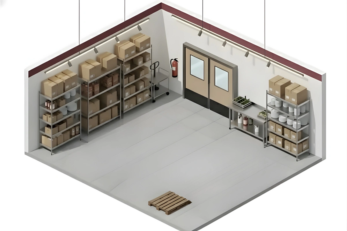 Isometric view of a storage room with tan double-swing warehouse impact doors, shelving units, and a pallet, showing a clean, organized warehouse layout Isometric view of a storage room with tan double-swing warehouse impact doors, shelving units, and a pallet, showing a clean, organized warehouse layout