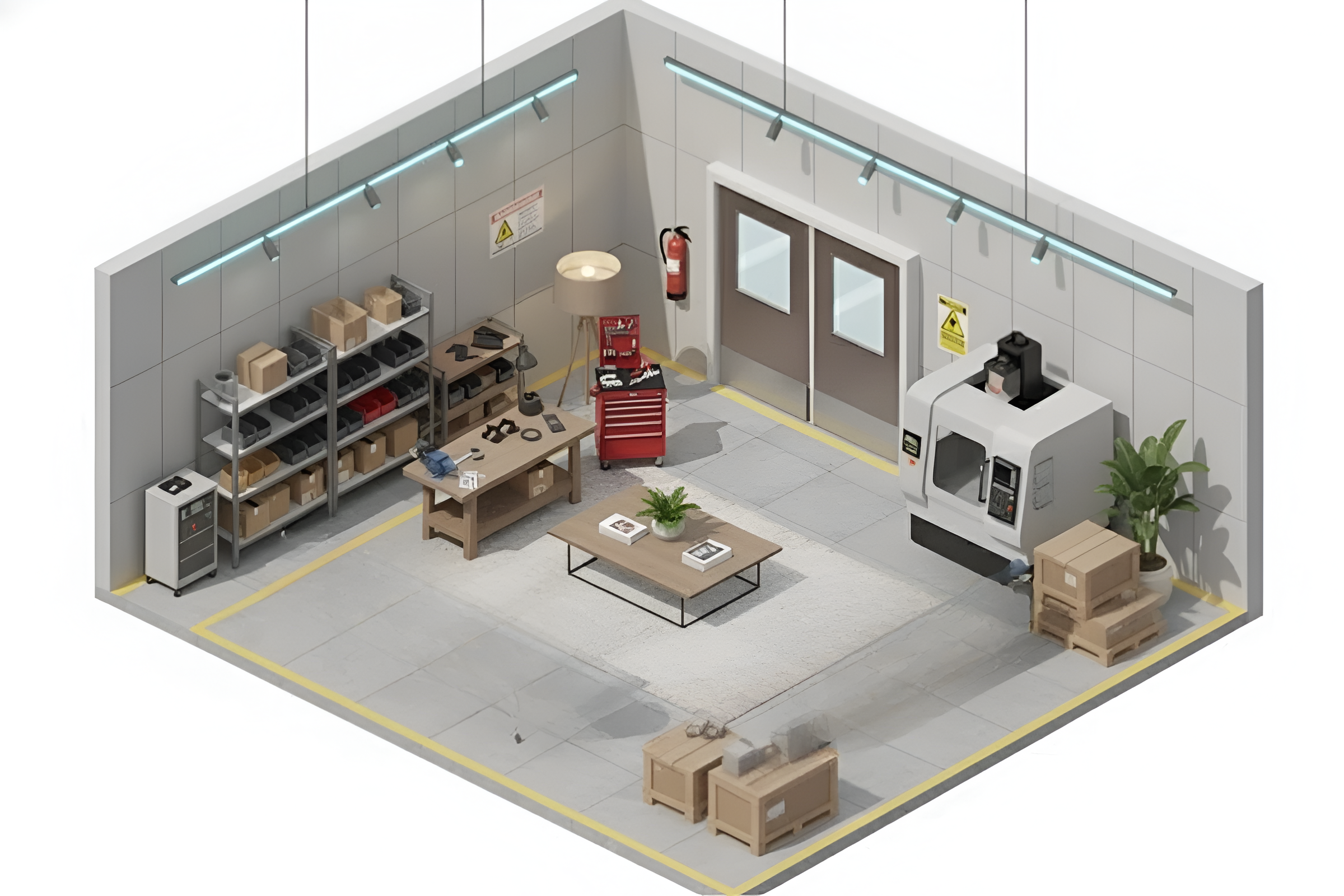 Isometric view of an industrial workspace featuring brown factory swinging door, shelving, workbenches, and machinery for light manufacturing