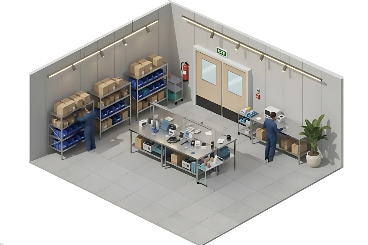 Isometric view of an industrial workspace featuring brown factory swinging door, shelving, workbenches, and machinery for light manufacturings Isometric view of an industrial workspace featuring brown factory swinging door, shelving, workbenches, and machinery for light manufacturing
