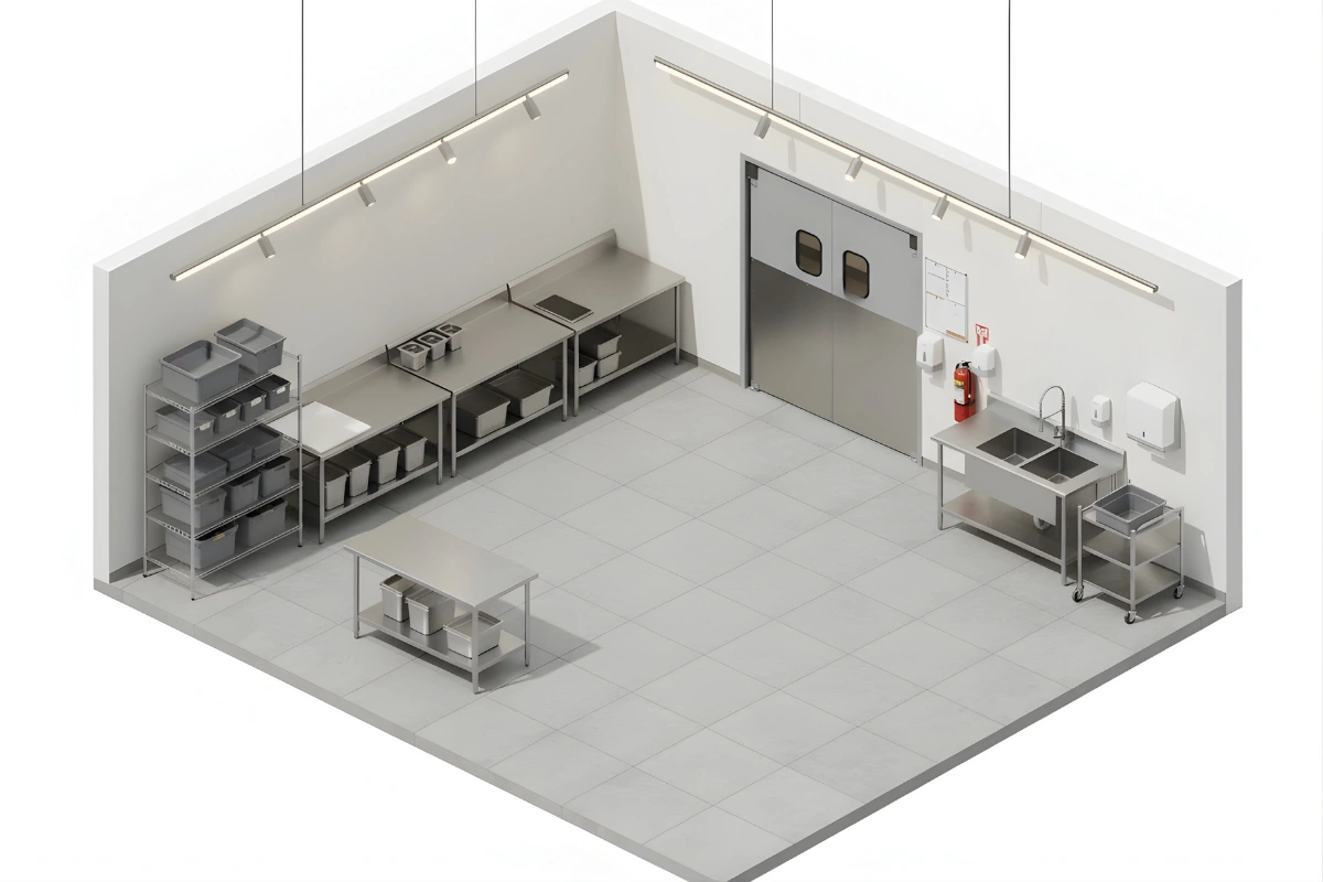 Isometric view of commercial kitchen with PE-630SS Aluminum Sheet Doors and stainless prep stations