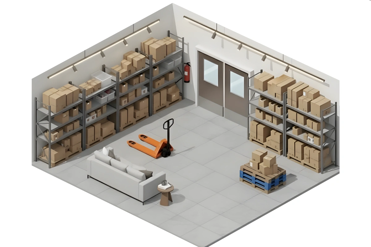Isometric warehouse illustration featuring PE-Series industrial swinging doors with vision panels, surrounded by storage racks and packaged goods in a clean facility Isometric warehouse illustration featuring PE-Series industrial swinging doors with vision panels, surrounded by storage racks and packaged goods in a clean facility