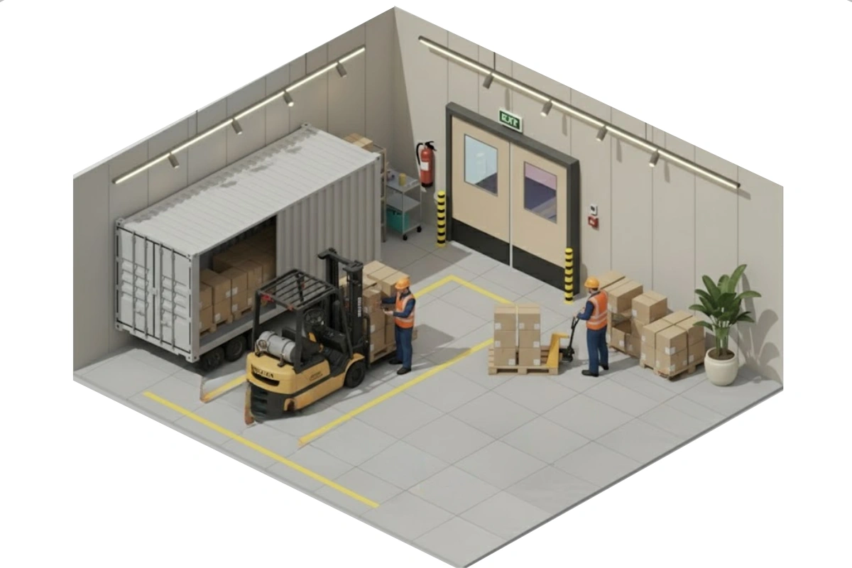 Isometric warehouse with forklift and workers loading boxes beside commercial PVC swinging loading dock door Isometric warehouse with forklift and workers loading boxes beside commercial PVC swinging loading dock doors