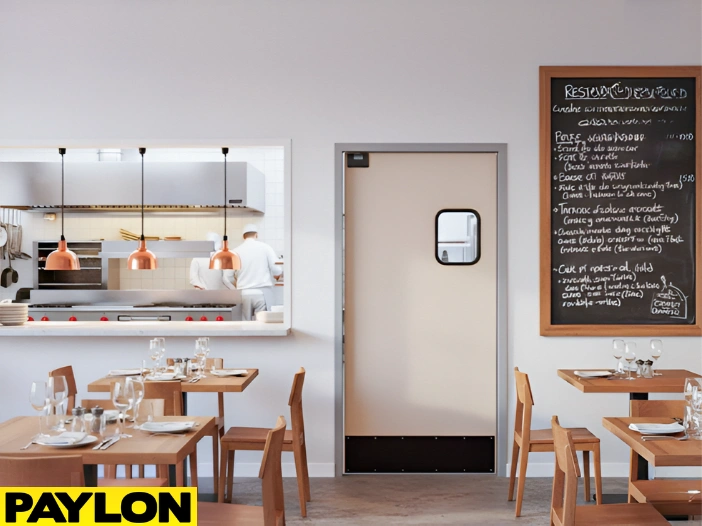 Light beige single swinging door by Paylon connecting a restaurant dining area to the kitchen, designed with a small vision window and kick plate Light beige single swinging door by Paylon connecting a restaurant dining area to the kitchen, designed with a small vision window and kick plate for smooth service flow