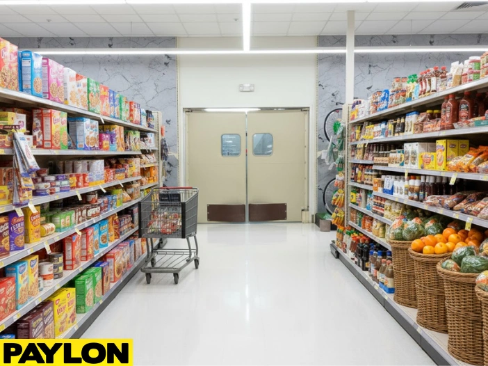 Light-duty swinging doors in grocery aisle separating sales floor and backroom