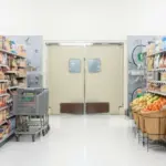 Light-duty swinging doors in grocery aisle separating sales floor and backroom