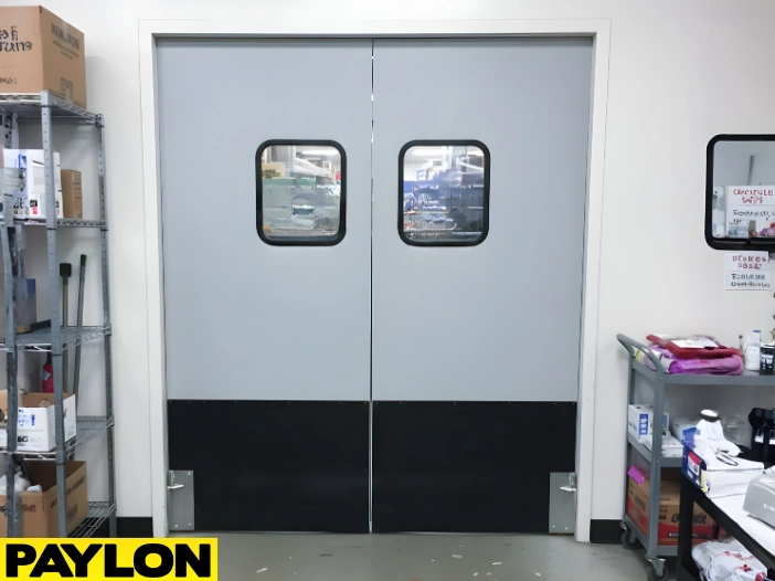 Light grey double-swing warehouse impact door with black reinforced panels in a storage area Light grey double-swing warehouse impact door with black reinforced panels in a storage area