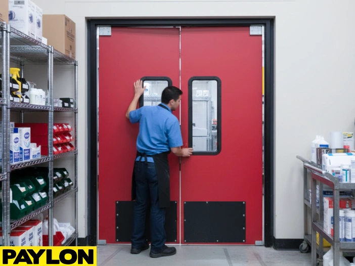 Man opening red double-swing warehouse impact door with kick plates in a storage aisle Man opening red double-swing warehouse impact door with kick plates in a storage aisle