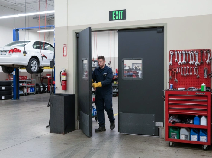 Mechanic walking through gray impact swinging doors inside an auto repair shop with tools and car lift in the backgrounds Mechanic walking through gray impact swinging doors inside an auto repair shop with tools and car lift in the background