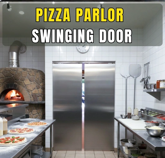 Modern pizza kitchen with full-height stainless steel pizza parlor swinging doors separating prep and dining areas