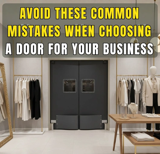 Modern swinging doors installed in a boutique, highlighting common door selection mistakes businesses should avoid