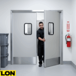 PE-610ALC Aluminum Sheet Door in commercial kitchen with staff opening doors