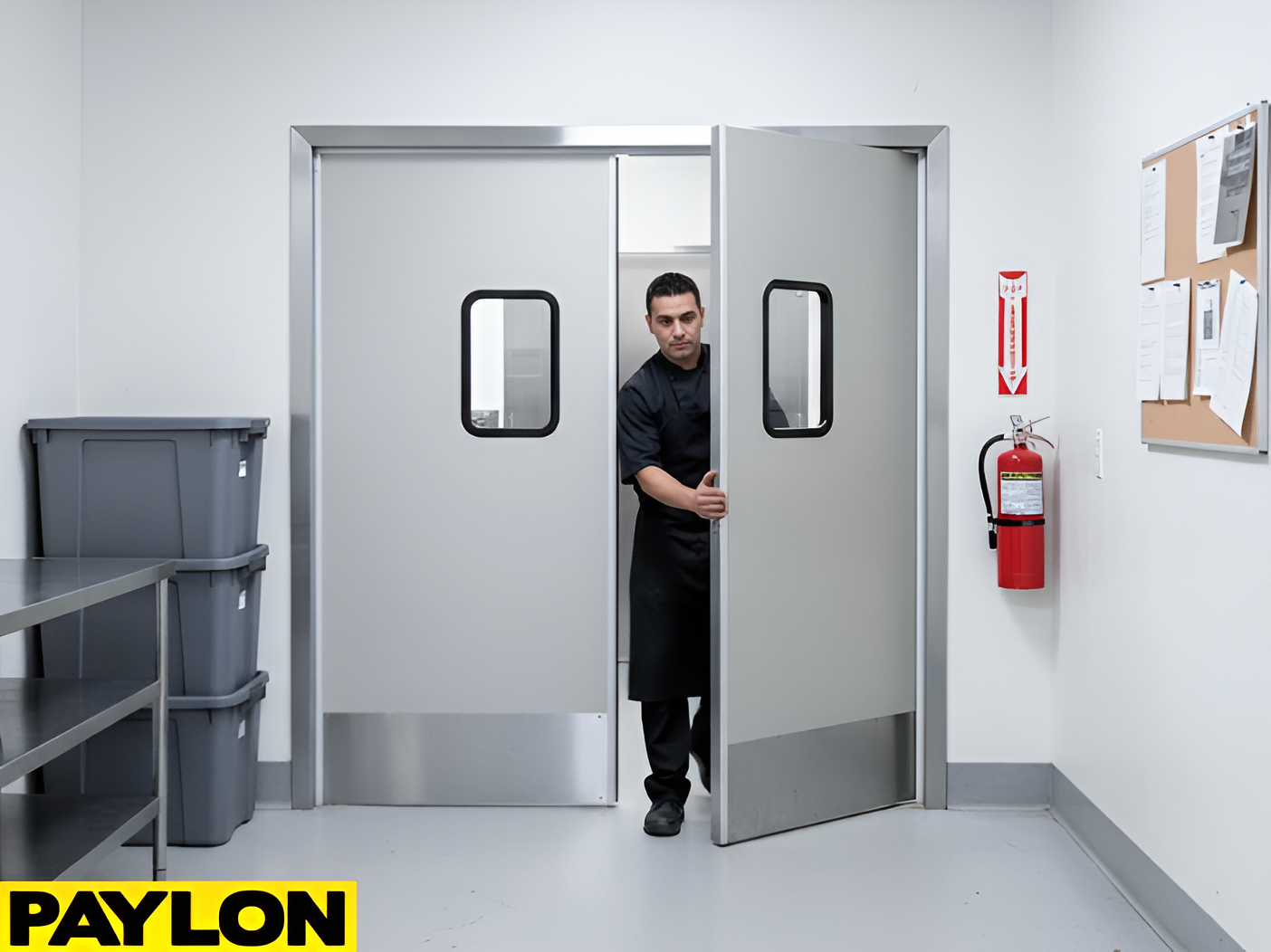 PE-610ALC Aluminum Sheet Door in commercial kitchen with staff opening doors