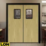 PE-630HPL wood-finish Swinging Kitchen Doors with acrylic vision panels connecting dining and kitchen areas