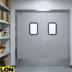 PE-630SS Aluminum Sheet Doors in storage room with shelves and fire safety equipment