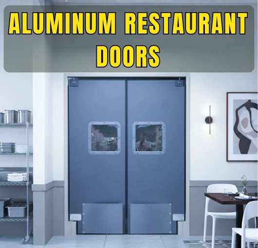Paylon aluminum restaurant doors with dual vision panels and modern gray finish in dining space