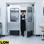 Paylon aluminum swinging door separating kitchen and dining area in a busy restaurant