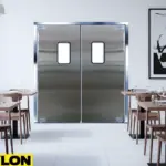 Paylon stainless steel swinging doors installed in upscale restaurant interior