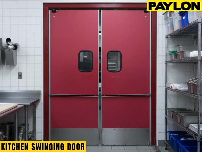 Red PE-510HPL Swinging Kitchen Doors with impact protection and clear vision panels in a restaurant kitchen