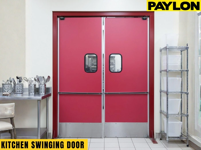 Red PE-Series kitchen swinging traffic doors with rectangular vision panels and kick plates
