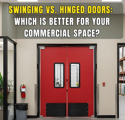Red commercial swinging doors inside a modern workspace, representing the concept of Swinging vs. Hinged Doors Which Is Better for Your Commercial Space by Traffic Swinging Doors