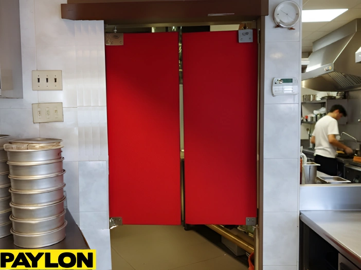 Red double-action swinging kitchen door separating prep and cooking areas Red double-action swinging kitchen door separating prep and cooking areas