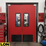 Red double impact doors with windows in an organized auto shop surrounded by tools, tires, and storage shelves