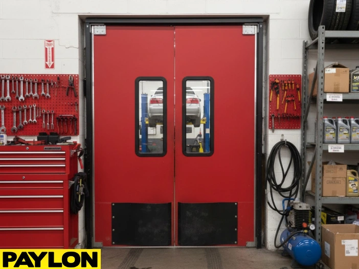 Red double impact doors with windows in an organized auto shop surrounded by tools, tires, and storage shelves Red double impact doors with windows in an organized auto shop surrounded by tools, tires, and storage shelves