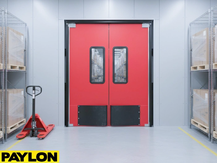 Red double swinging factory doors with clear windows installed in a warehouse loading zone Red double swinging factory doors with clear windows installed in a warehouse loading zone