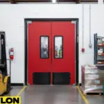 Red industrial swinging doors designed for warehouse and factory applications with forklift traffic - Copy