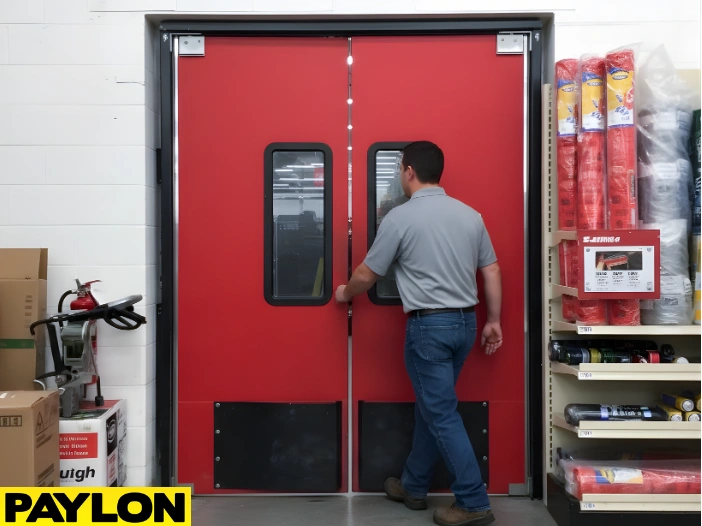Red industrial swinging doors with black kick plates in a busy retail stockroom Red industrial swinging doors with black kick plates in a busy retail stockroom