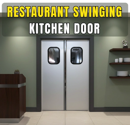 Restaurant Swinging Kitchen Door – Front view of a white restaurant swinging kitchen door with small vision panels, installed in a professional kitchen