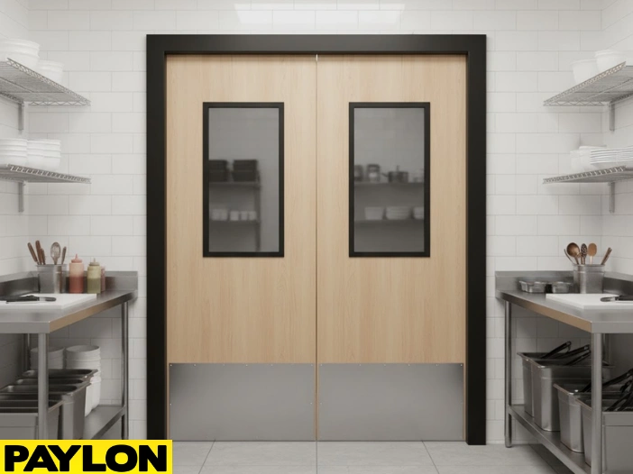 Restaurant café swinging doors with vision panels in a professional kitchen, framed by stainless steel prep tables and shelves