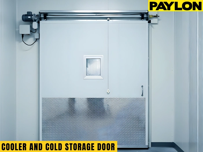 Restaurant double swinging insulated freezer door with reinforced aluminum kick plate and center vision window