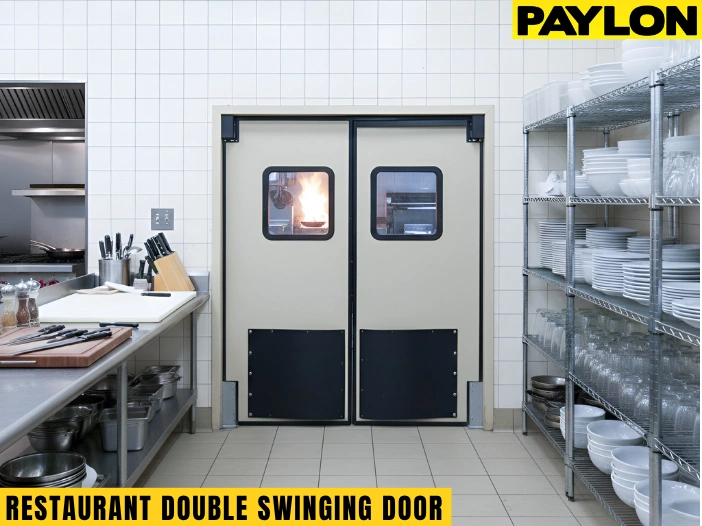 Restaurant kitchen with double swinging doors between prep area and cooking zone